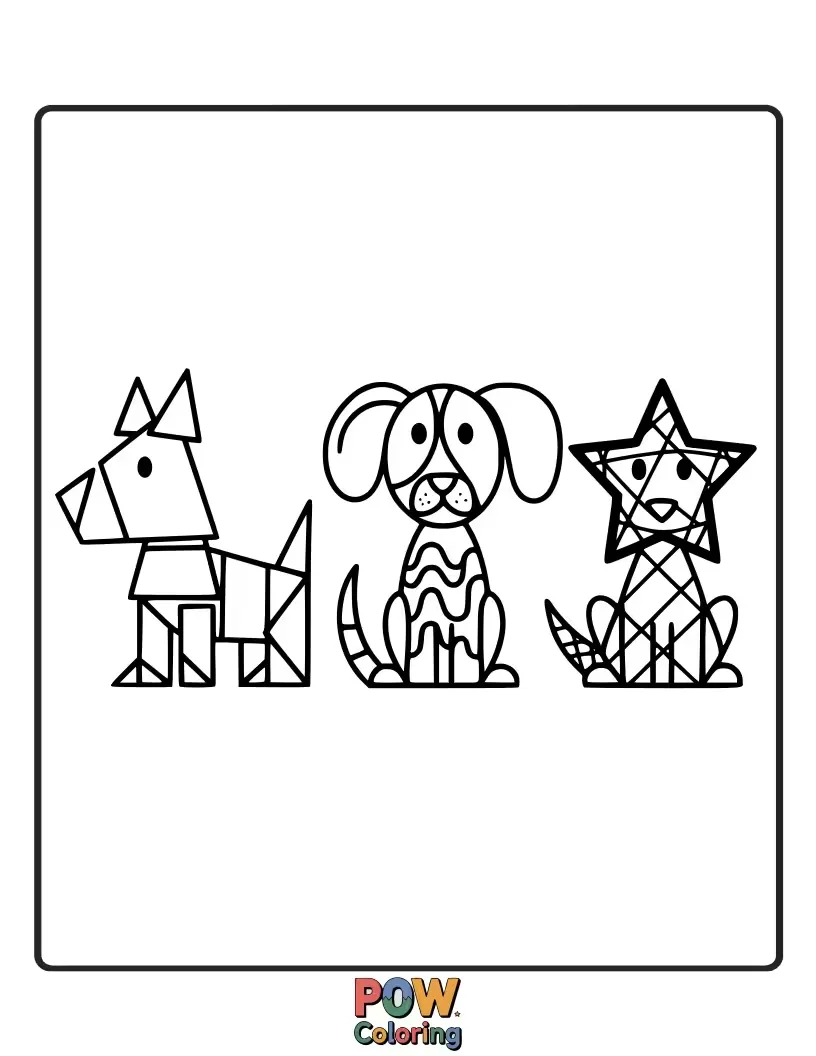 Free coloring page of Creative dogs depicted in a playful abstract art style, using bold shapes and vibrant color blocks for a modern twist.