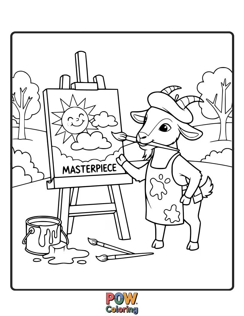 Free coloring page of A goat with a beret and paintbrush, creating a colorful abstract painting on a large canvas in an art studio.