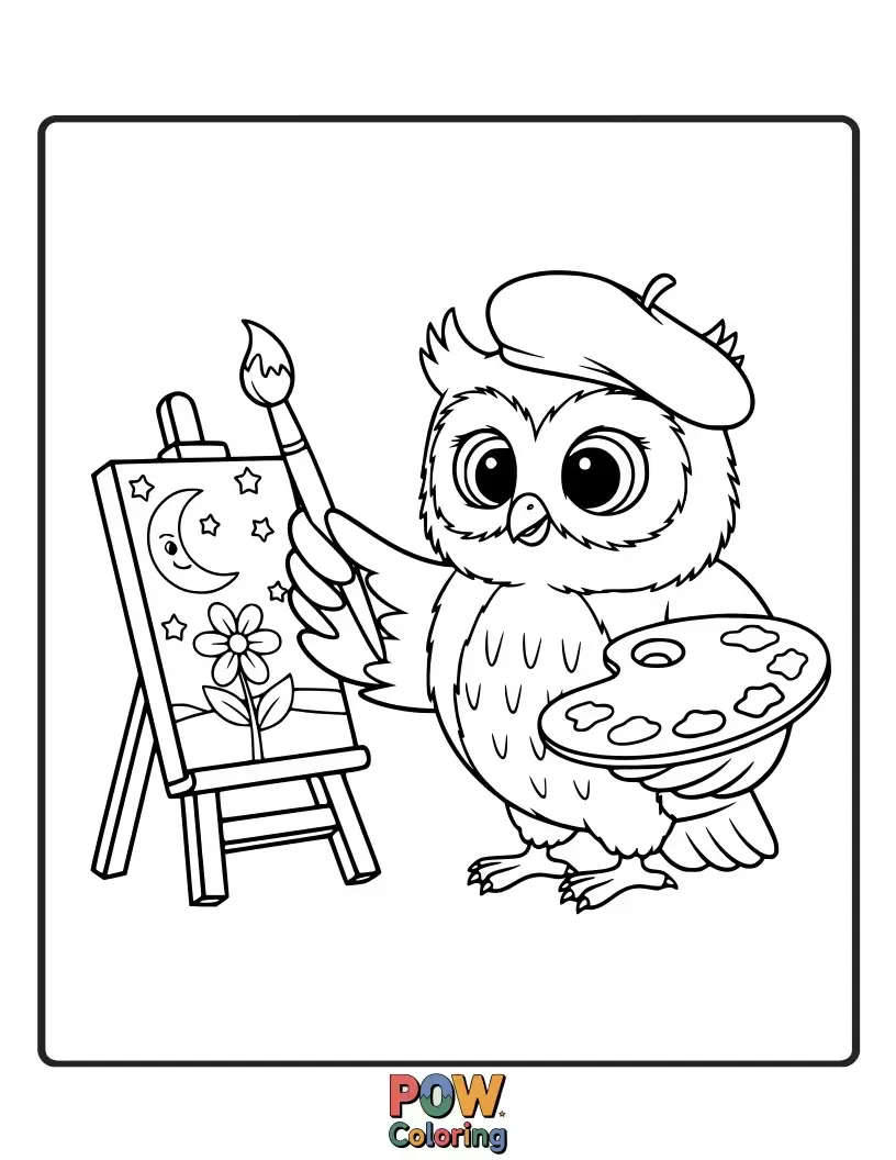 Free coloring page of A creative owl with a beret, holding a paintbrush and palette, working on a masterpiece.