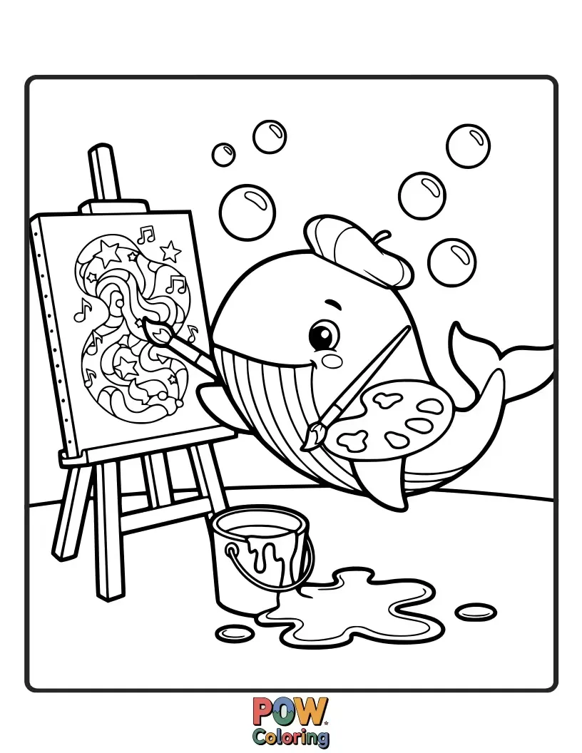 Free coloring page of A creative whale holding a paintbrush, adding colorful strokes to a giant underwater canvas depicting a coral reef.