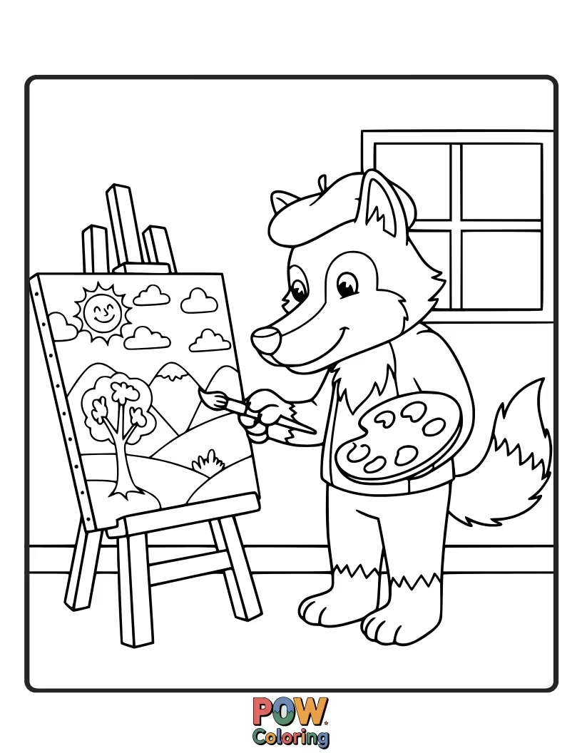 Free coloring page of A creative wolf enthusiastically paints a colorful landscape on a large easel.
