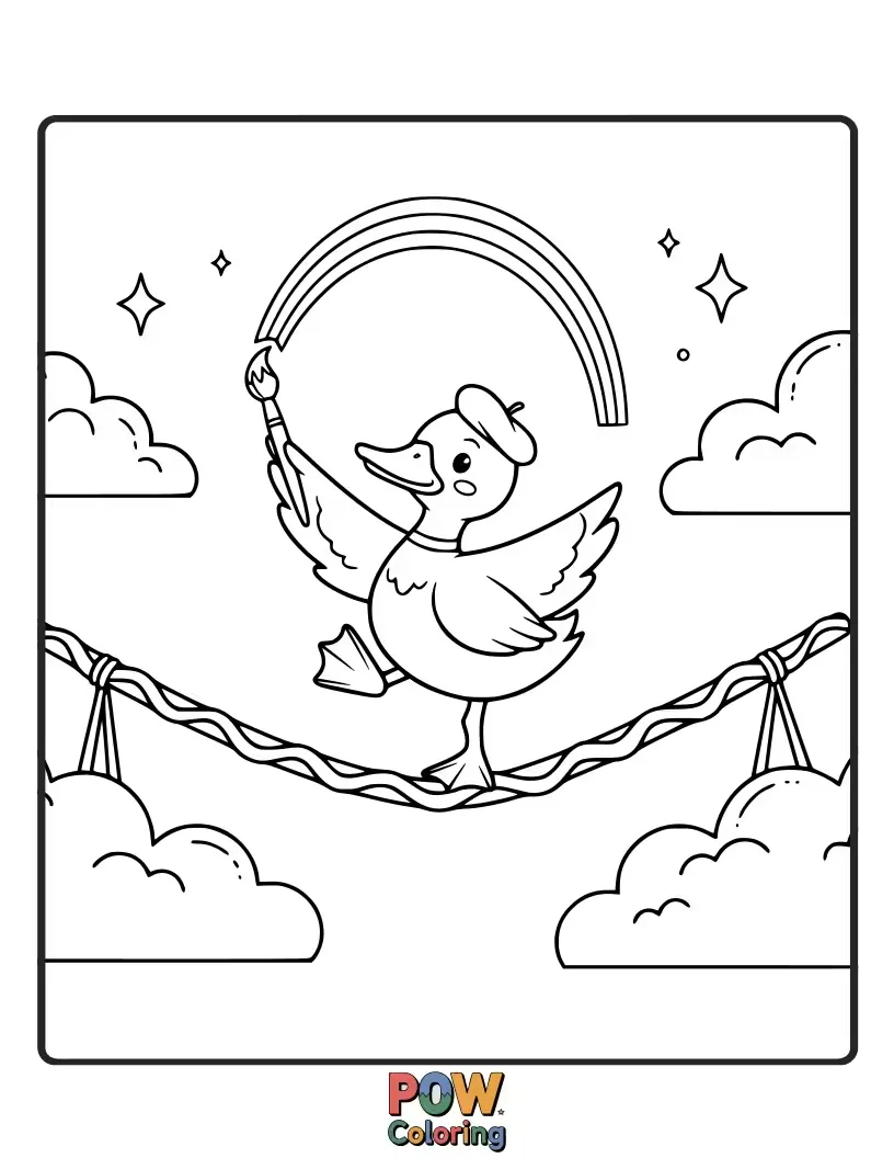 Free coloring page of This funny duck is performing a silly balancing act on a unicycle.