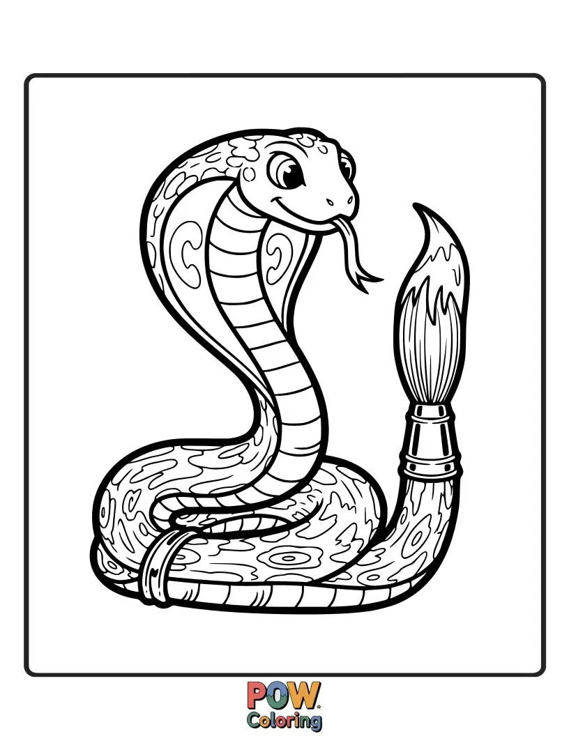 Free coloring page of A creative cobra snake holding a paintbrush in its tail, dabbing color onto a blank canvas.
