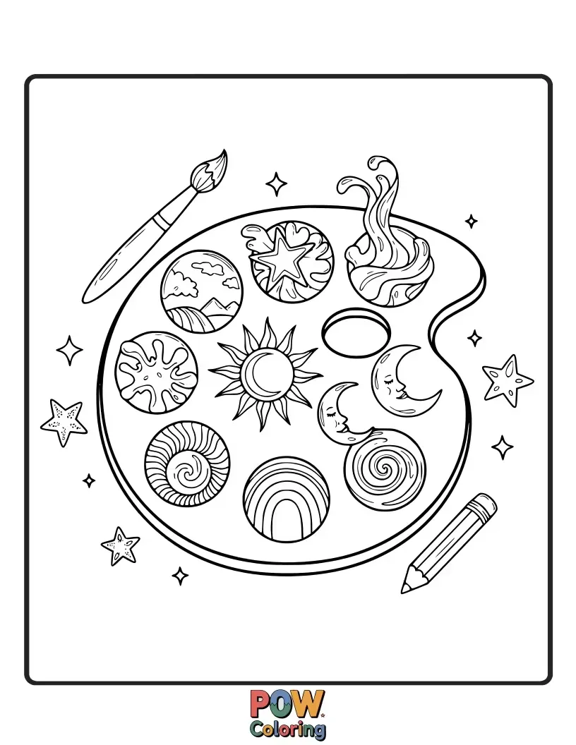 Free coloring page of An artist's palette transformed into a makeup organizer, filled with colorful paints and brushes. Unleash your inner artist and makeup guru.