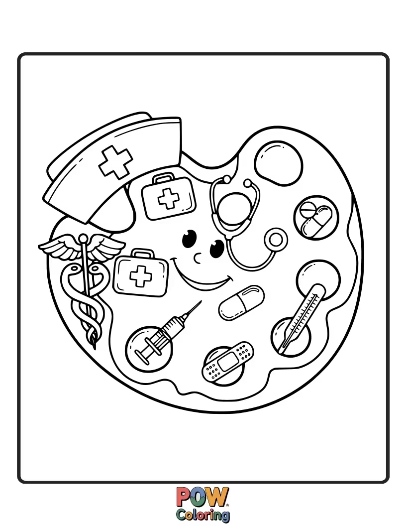 Free coloring page of A creative nurse holding a paintbrush stethoscope, adding colorful strokes of health and happiness to her patients.