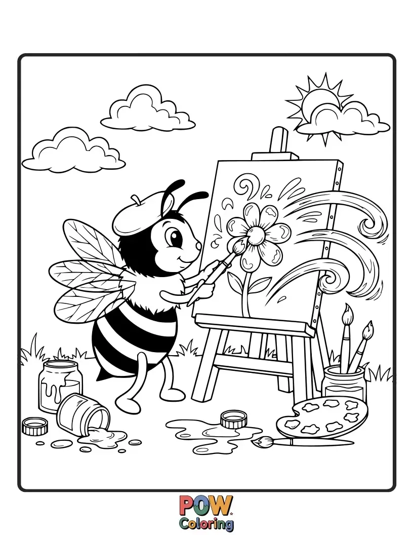 Free coloring page of A diligent bee artist buzzes around, painting colorful flowers and intricate honeycombs with its tiny brush. Nature’s sweet artistry.