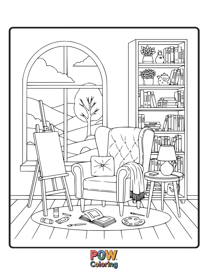 Free coloring page of An artist creates a warm and inviting scene of a reading nook, complete with stacks of books and a comfy armchair, all painted with love.