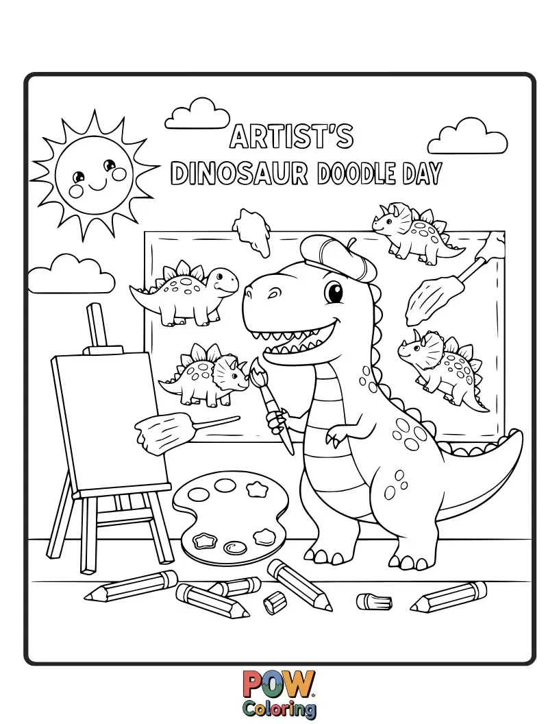 Free coloring page of An artist imagines a prehistoric world where friendly dinosaurs paint colorful murals on ancient trees and rocks. Whimsical and ancient art.