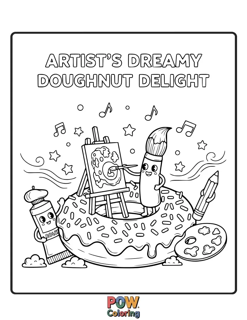 Free coloring page of An artist paints an array of delicious-looking doughnuts with imaginative toppings and vibrant icing. A sweet and mouthwatering art piece.