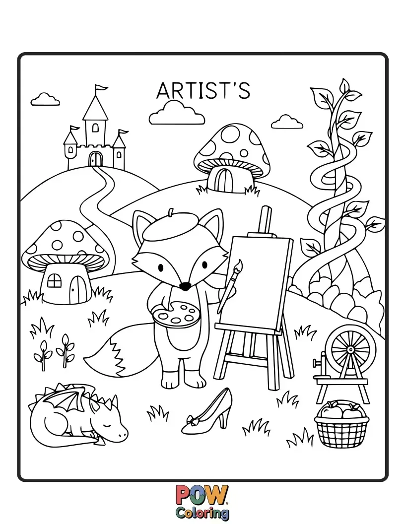 Free coloring page of A clever fox artist, with a paintbrush tail, illustrates a whimsical storybook scene with magical elements and friendly woodland creatures. Enchanting art.