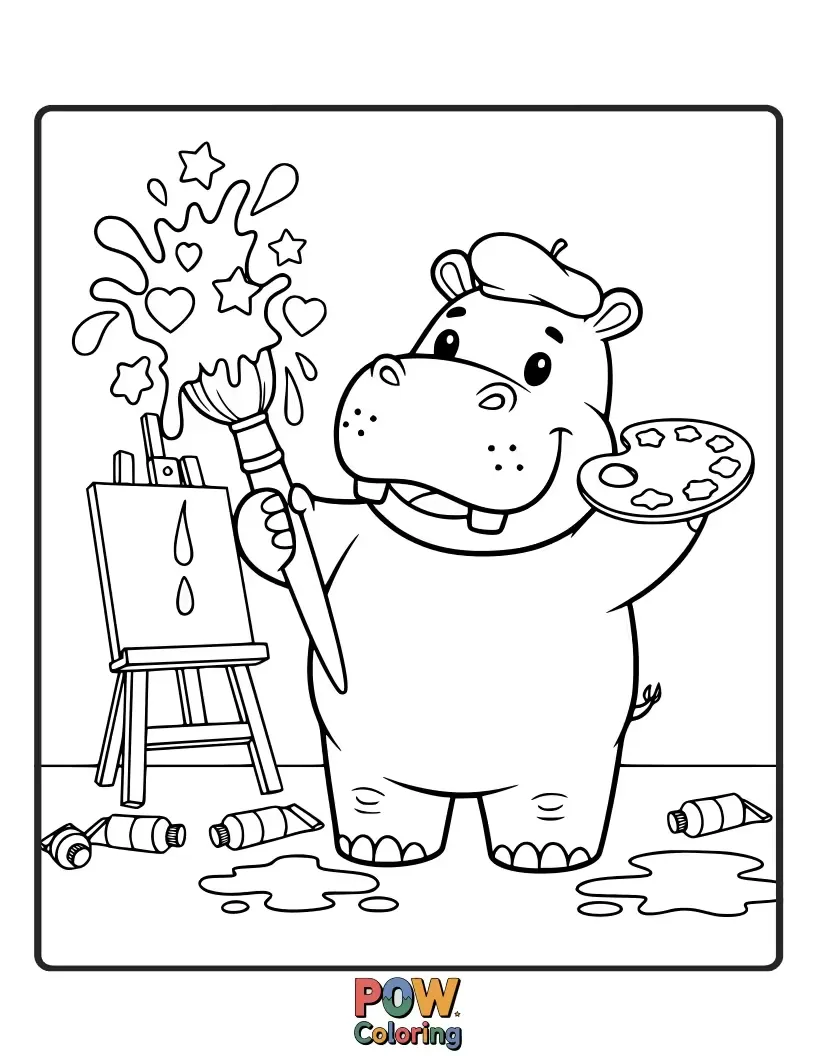 Free coloring page of A cheerful hippo artist, wearing a smock, joyfully splashes paint to create a vibrant, watery landscape. Big smiles and bold colors.