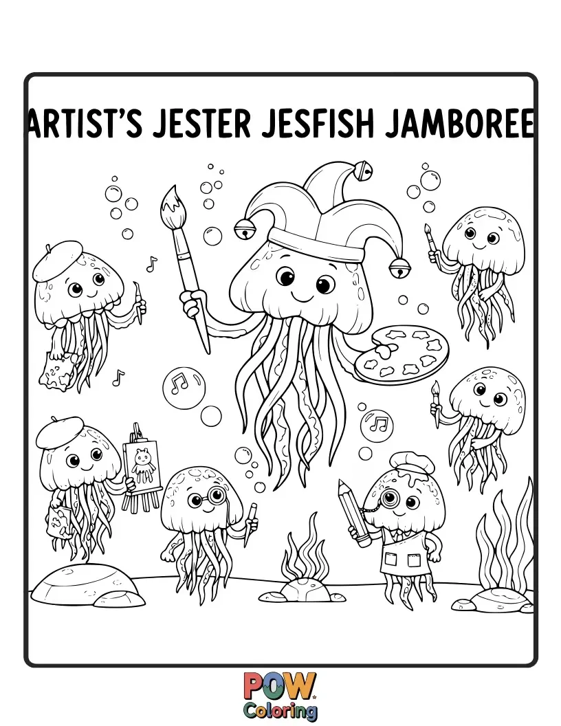 Free coloring page of An artist paints a playful underwater scene with jester-like jellyfish juggling bubbles and dancing with other sea creatures. Lively and fun marine art.
