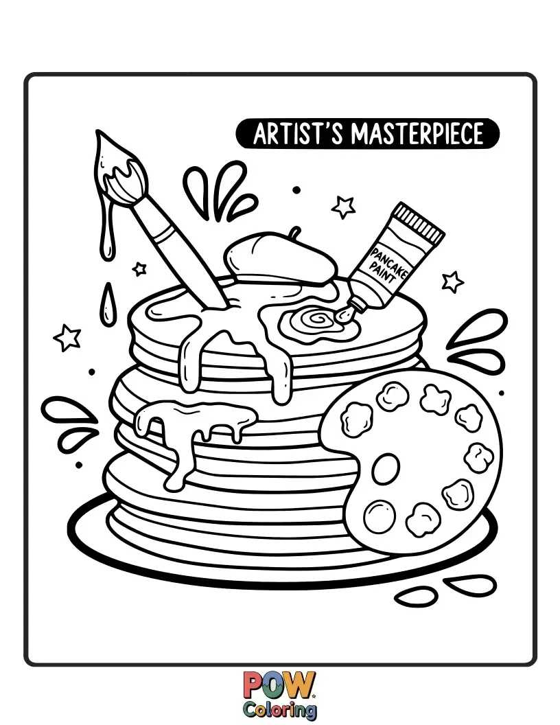 Free coloring page of A stack of pancakes transformed into a canvas, with edible paint splatters and a tiny paintbrush for creative coloring.