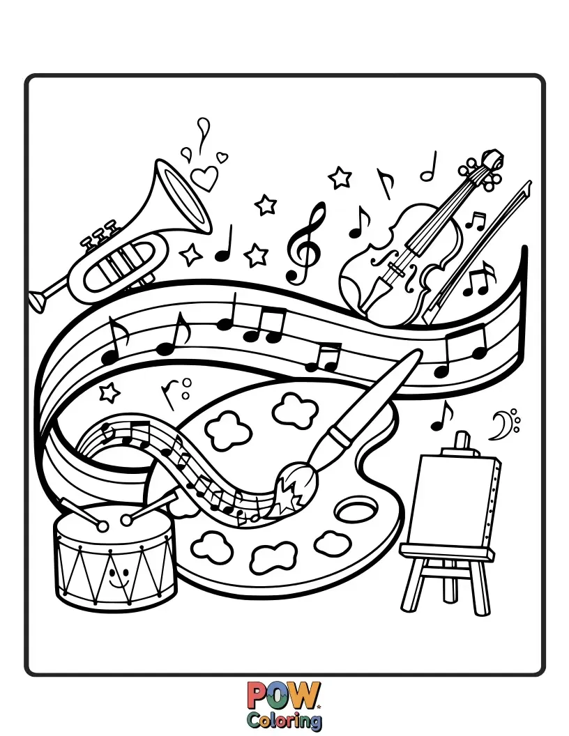Free coloring page of An artist, inspired by music, paints a swirling symphony of notes, instruments, and happy sound waves. Expressive art through sound.