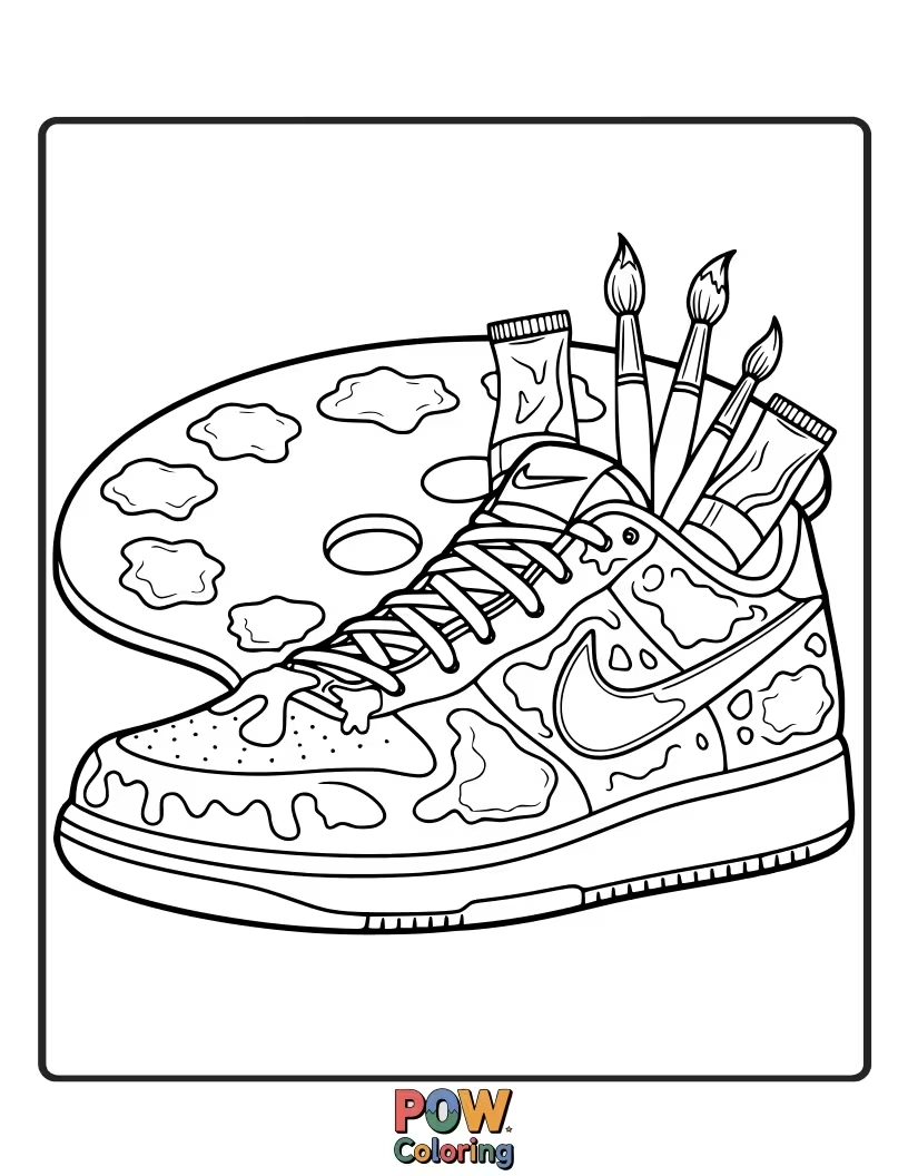 Free coloring page of A creative Nike shoe with paint splatters, brushes, and an artist's palette, inspiring colorful masterpieces.