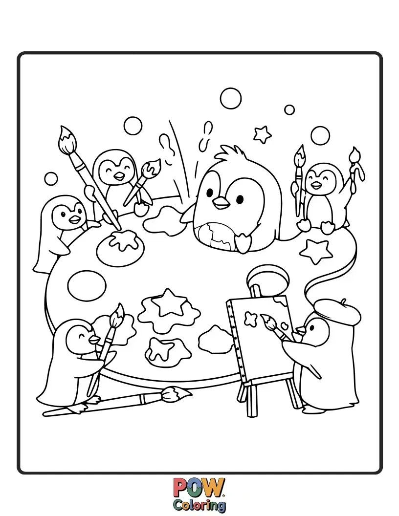 Free coloring page of A cool penguin artist, wearing sunglasses, throws a vibrant paint party with splashes of icy blue and white. Fun, frosty art.