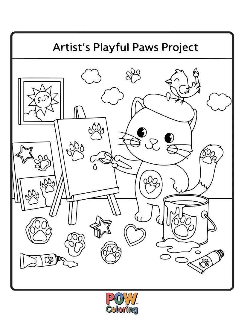 Free coloring page of A fluffy cat artist, wearing a tiny beret, decorates a ball of yarn with paw prints and yarn-like strokes. Adorable artistic endeavor.
