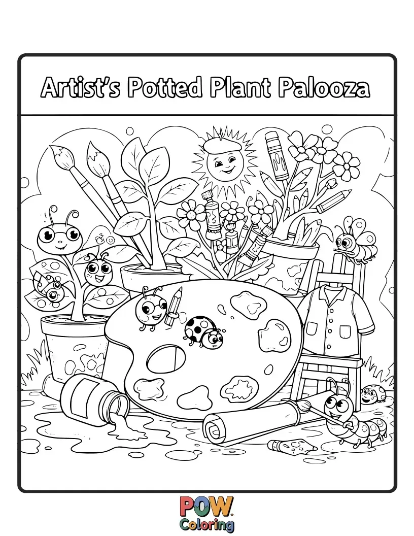 Free coloring page of An artist lovingly paints a collection of diverse houseplants, each with its own unique pot and personality. Green and charming art.