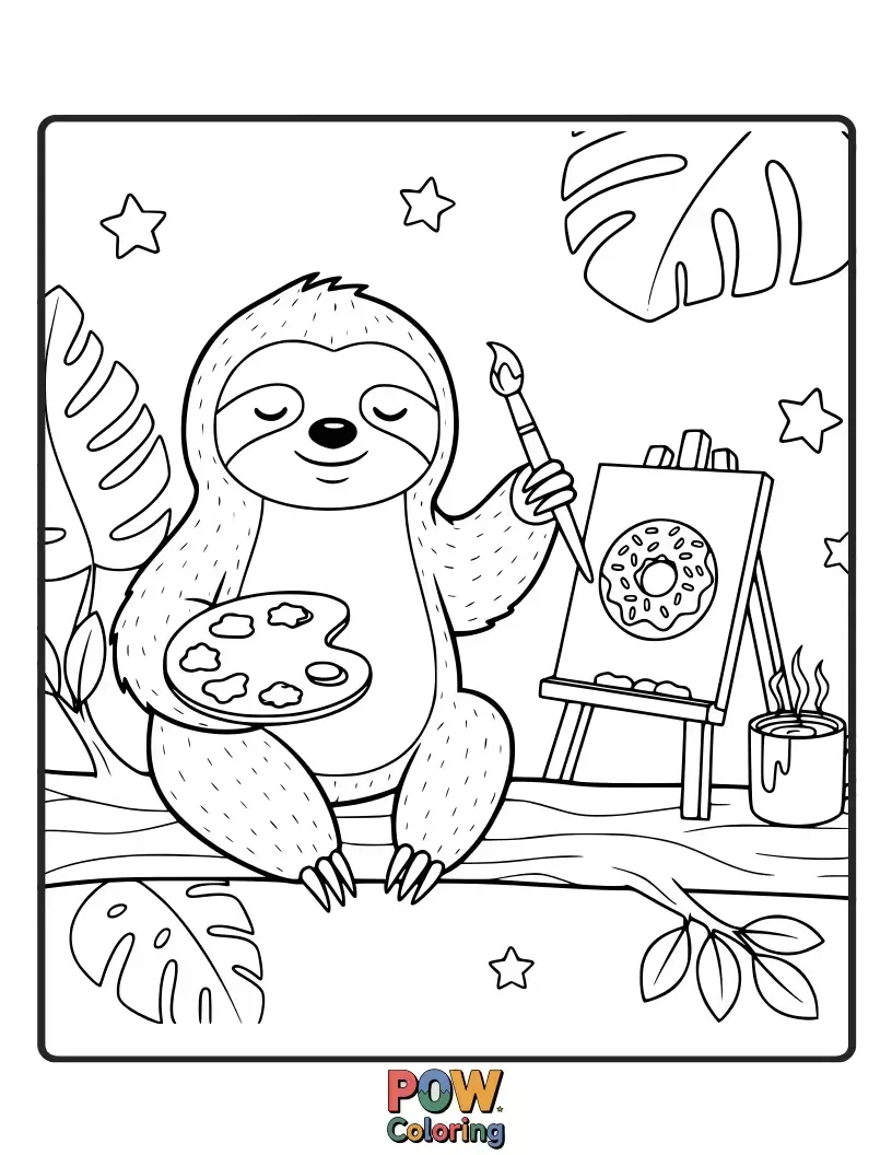Free coloring page of A slow and steady sloth artist paints a tranquil jungle scene with lush leaves and gentle vines. Peaceful and beautiful nature art.
