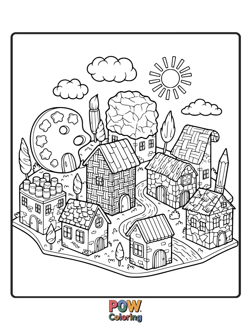 Free coloring page of A miniature artist meticulously paints tiny houses, roads, and whimsical characters in a charming, small-scale village scene. Intricate and sweet.