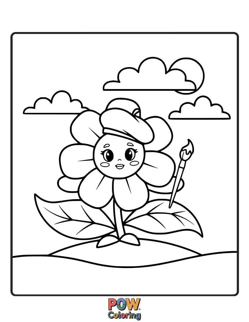 Free coloring page of A joyful artist with paint splatters paints a giant, smiling flower with dancing leaves. It’s a celebration of nature’s vibrant, cheerful artistry.