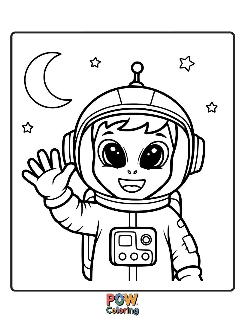 Free coloring page of A curious, green alien astronaut waves hello from its spaceship, a welcoming cosmic friend.