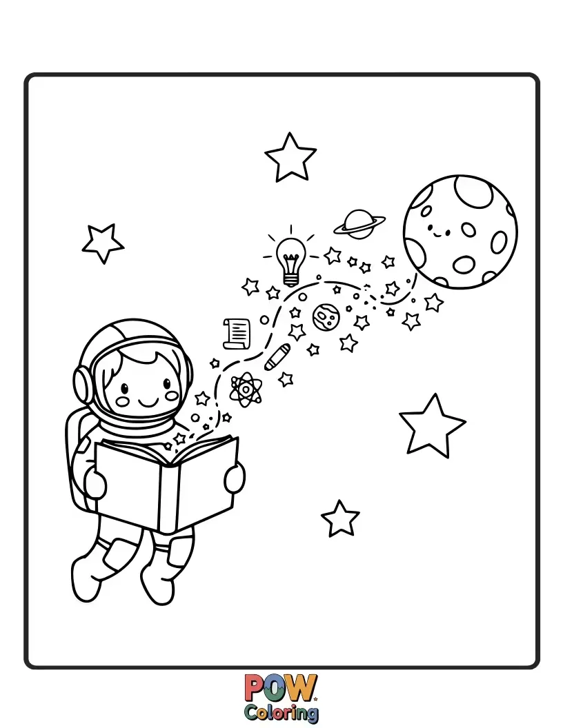 Free coloring page of A wise astronaut reading a book floats through the universe, absorbing cosmic knowledge.