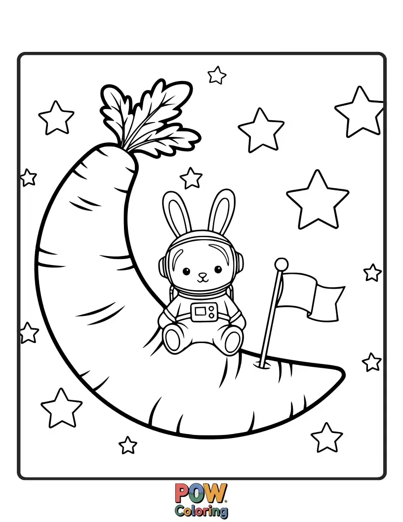 Free coloring page of A cute bunny astronaut nibbles on a giant carrot-shaped moon, beaming with joy.