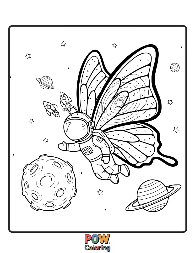 Free coloring page of A beautiful butterfly astronaut unfurls its starry wings for a graceful cosmic flight.