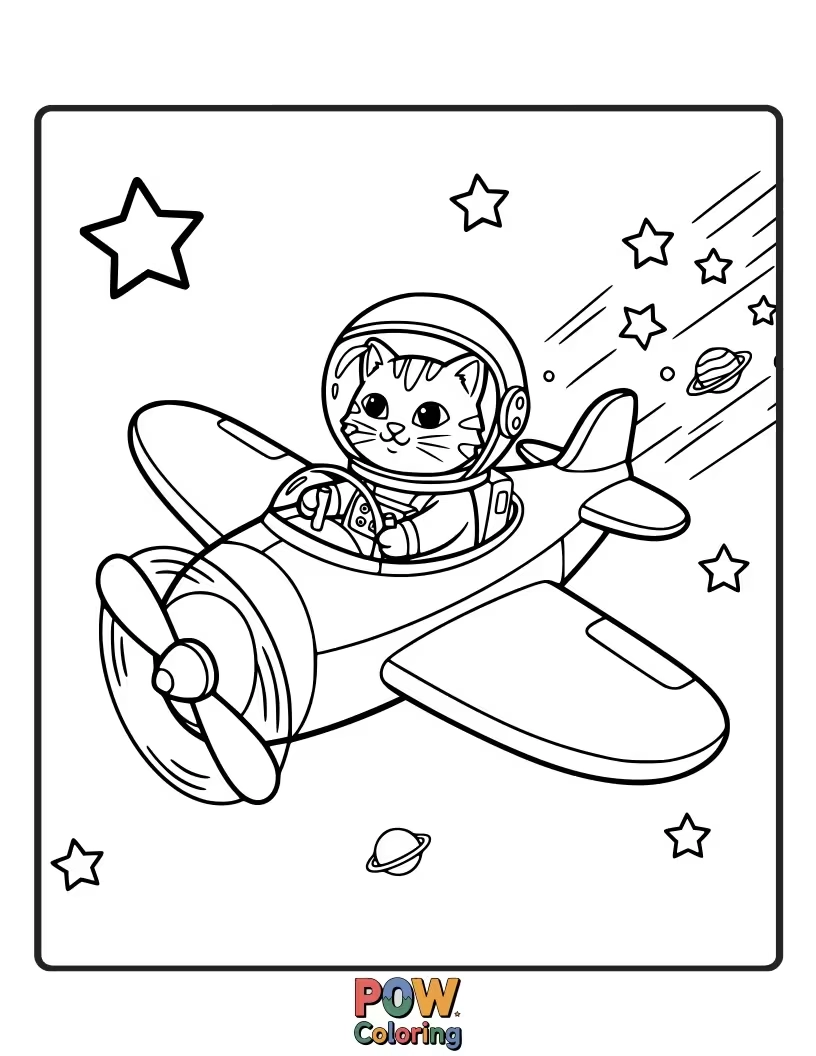 Free coloring page of A brave astronaut cat piloting a rocket-shaped airplane, exploring the moon with a tiny flag.