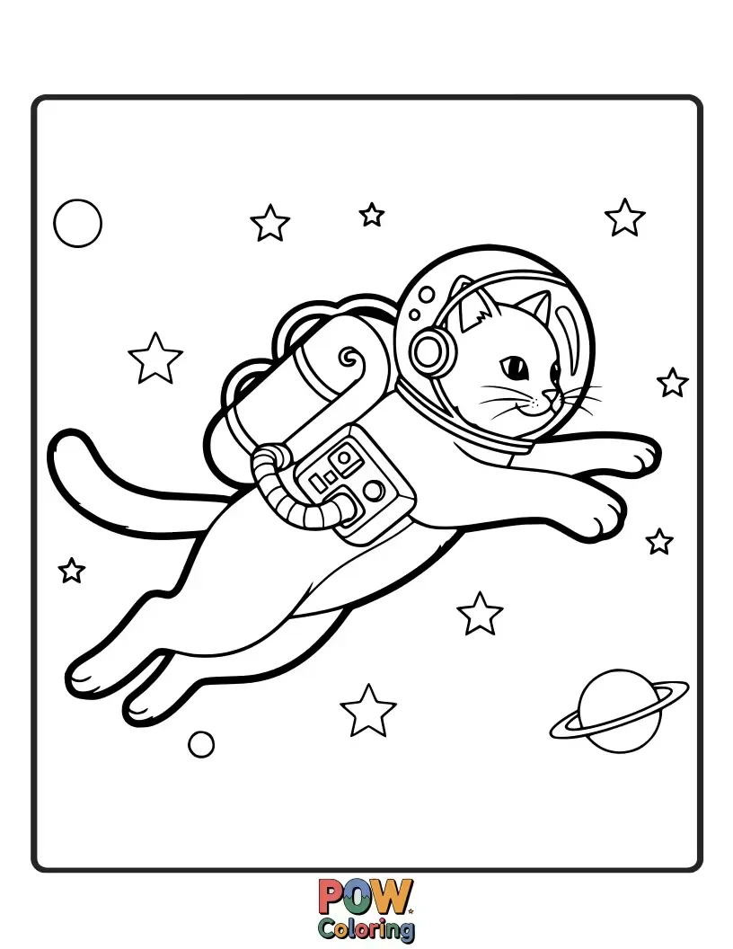 Free coloring page of A playful cat astronaut attempts to pounce on a twinkling star, ready for a cosmic chase.