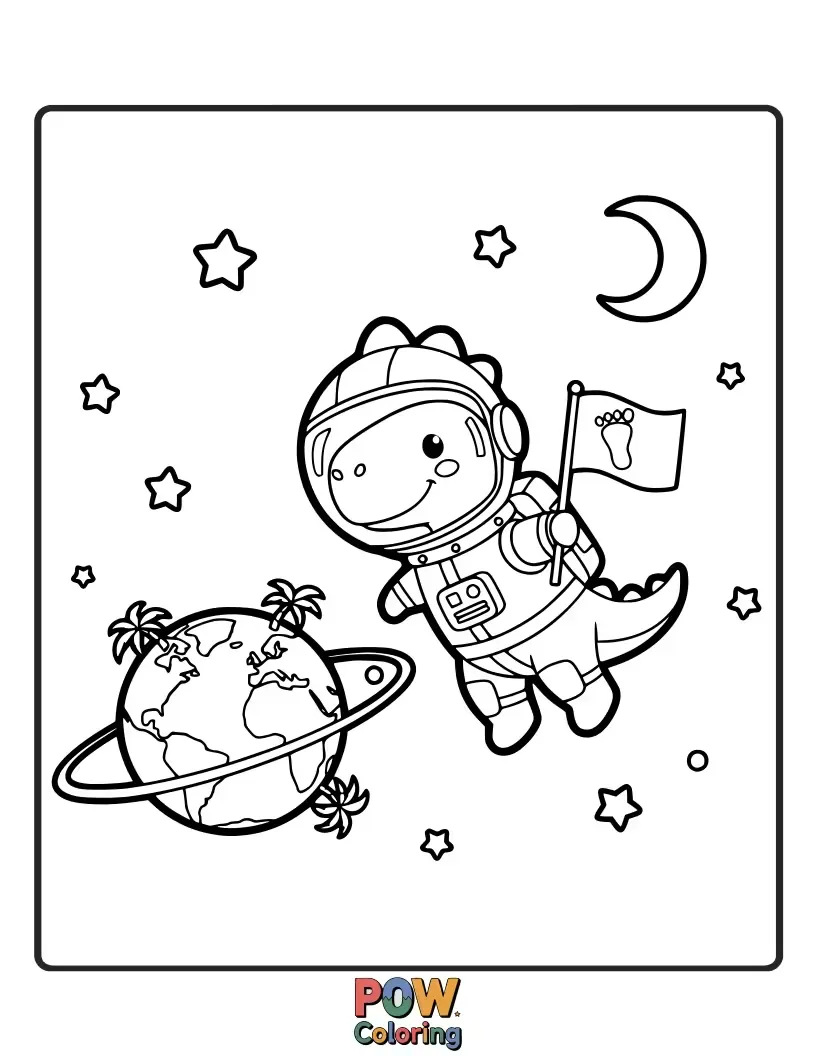 Free coloring page of A friendly dinosaur astronaut orbits a prehistoric planet, a gentle giant in space.
