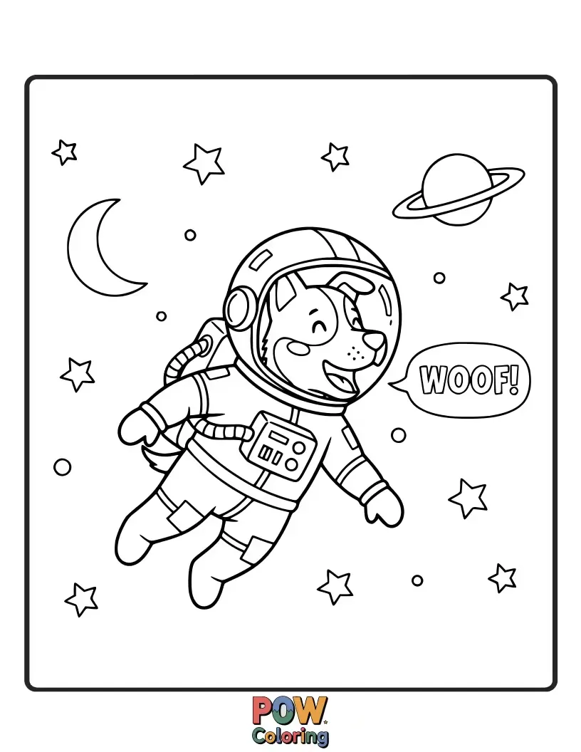 Free coloring page of A brave dog astronaut lets out a happy "woof" to the vast expanse of space.
