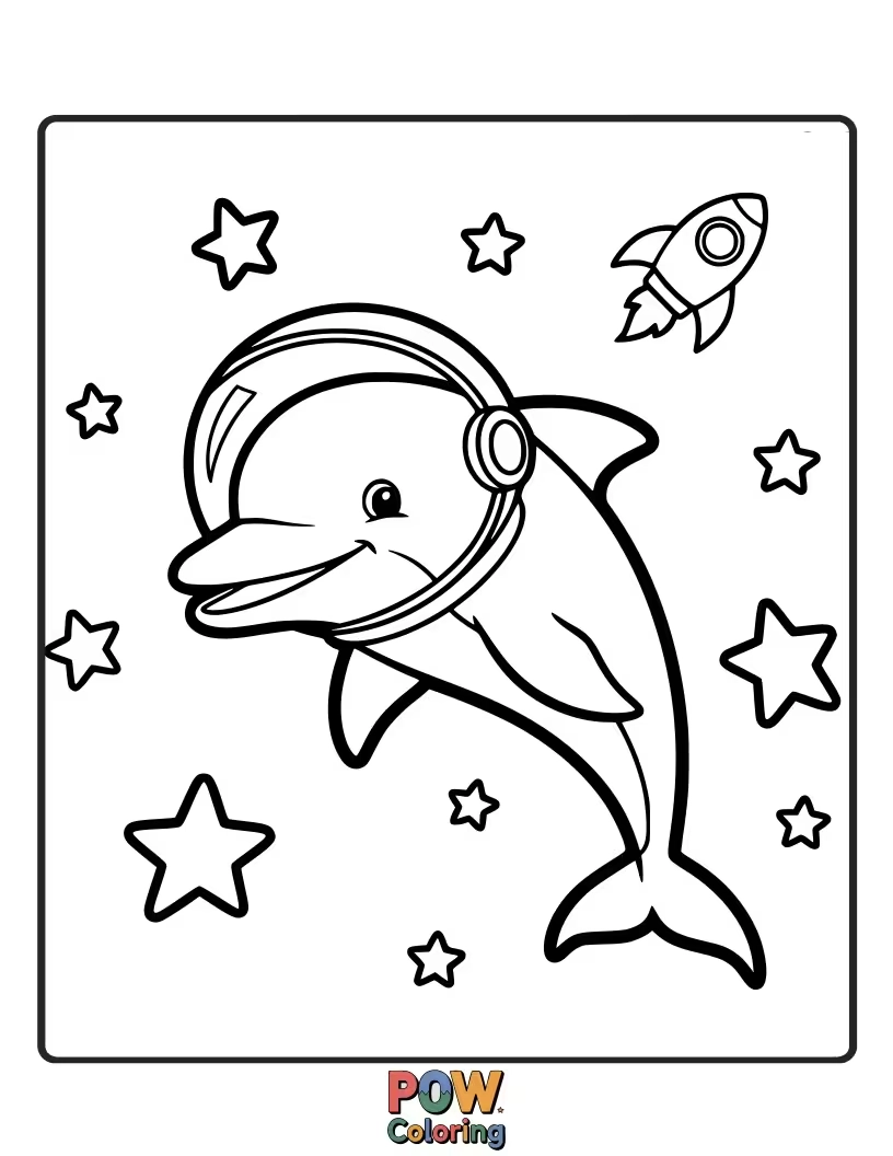 Free coloring page of Ready for blast-off! This dolphin is floating in space with a rocket.