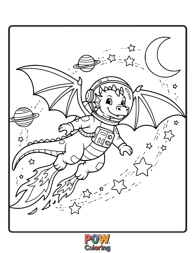 Free coloring page of A magnificent dragon astronaut soars through space, its scales shimmering with cosmic fire.