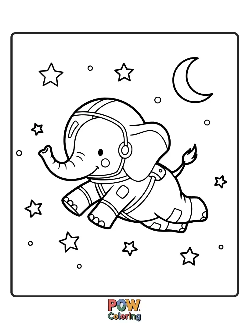 Free coloring page of A gentle elephant astronaut glides through space, its trunk gracefully exploring nebulae.