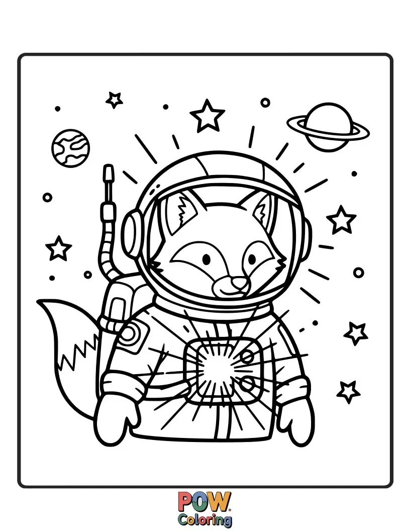 Free coloring page of A clever fox astronaut navigates a starry sky, its tail leaving a shimmering trail.