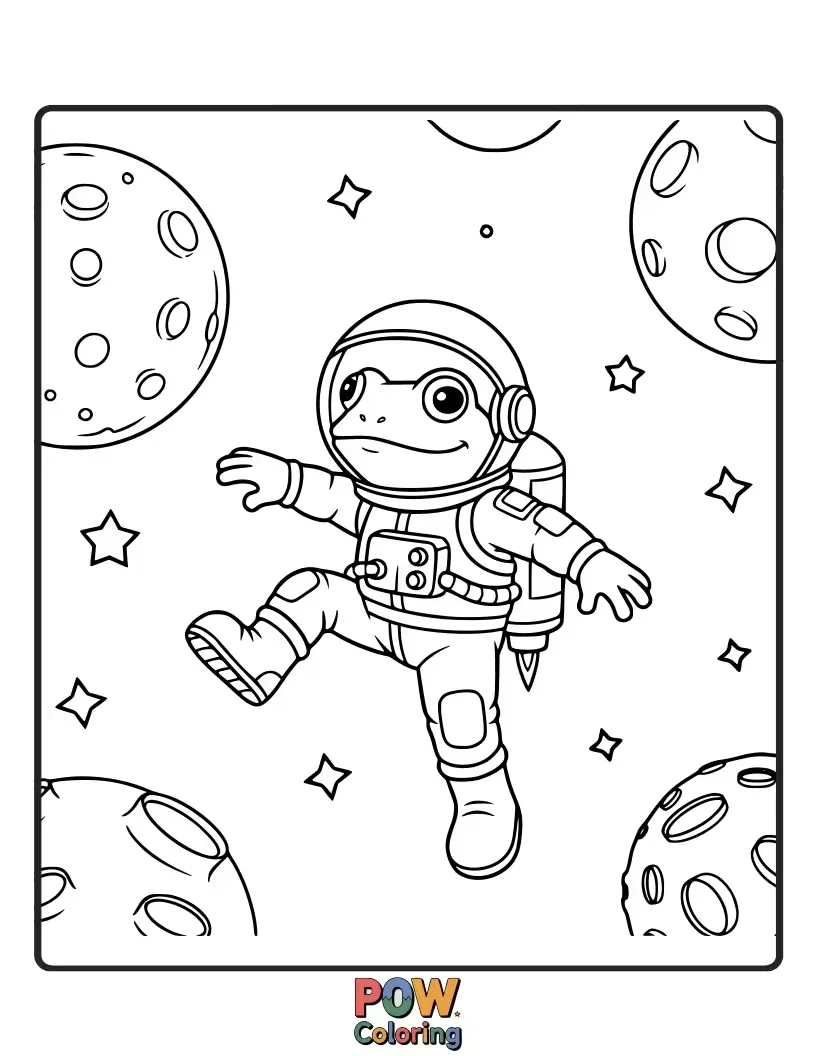Free coloring page of A happy frog astronaut leaps across planets, its tongue reaching for distant stars.
