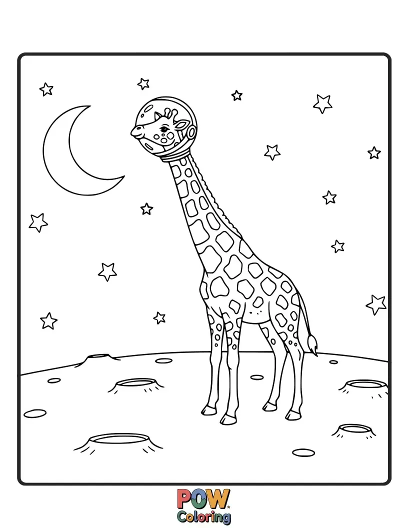 Free coloring page of A tall giraffe astronaut reaches for a twinkling star, its long neck stretching to the cosmos.