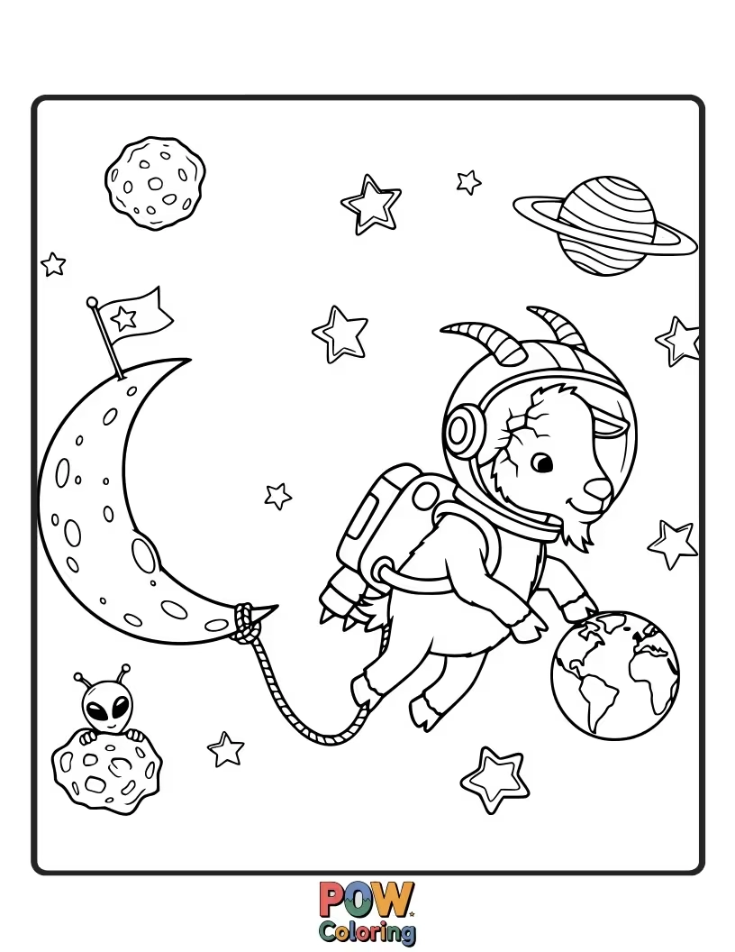 Free coloring page of A brave goat in a space helmet, floating among stars and planets, holding a tiny flag on the moon.