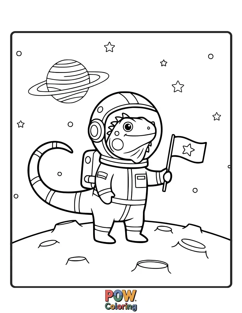 Free coloring page of An adventurous iguana lizard in a space helmet, floating among stars and planets.