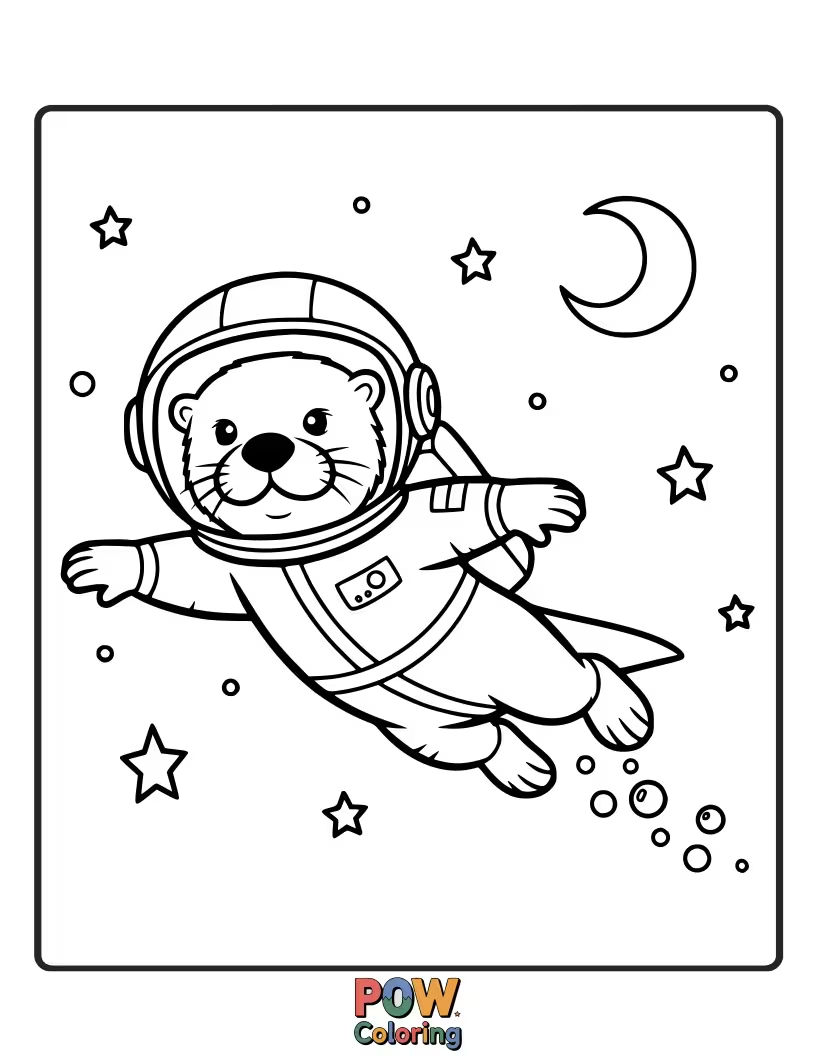 Free coloring page of A playful otter in a miniature astronaut suit performs acrobatic flips and dives in a clear lake.