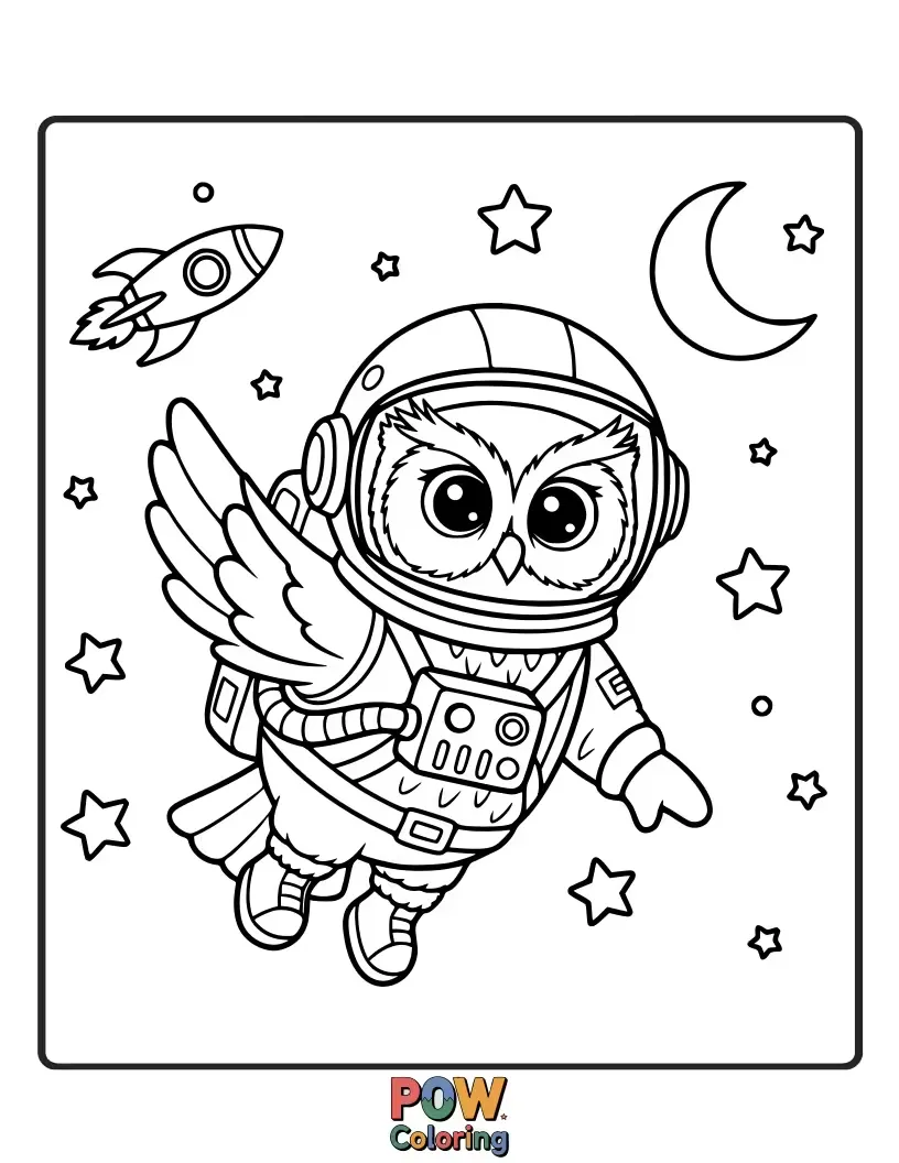Free coloring page of An adventurous owl in a tiny astronaut helmet, floating among planets and stars.