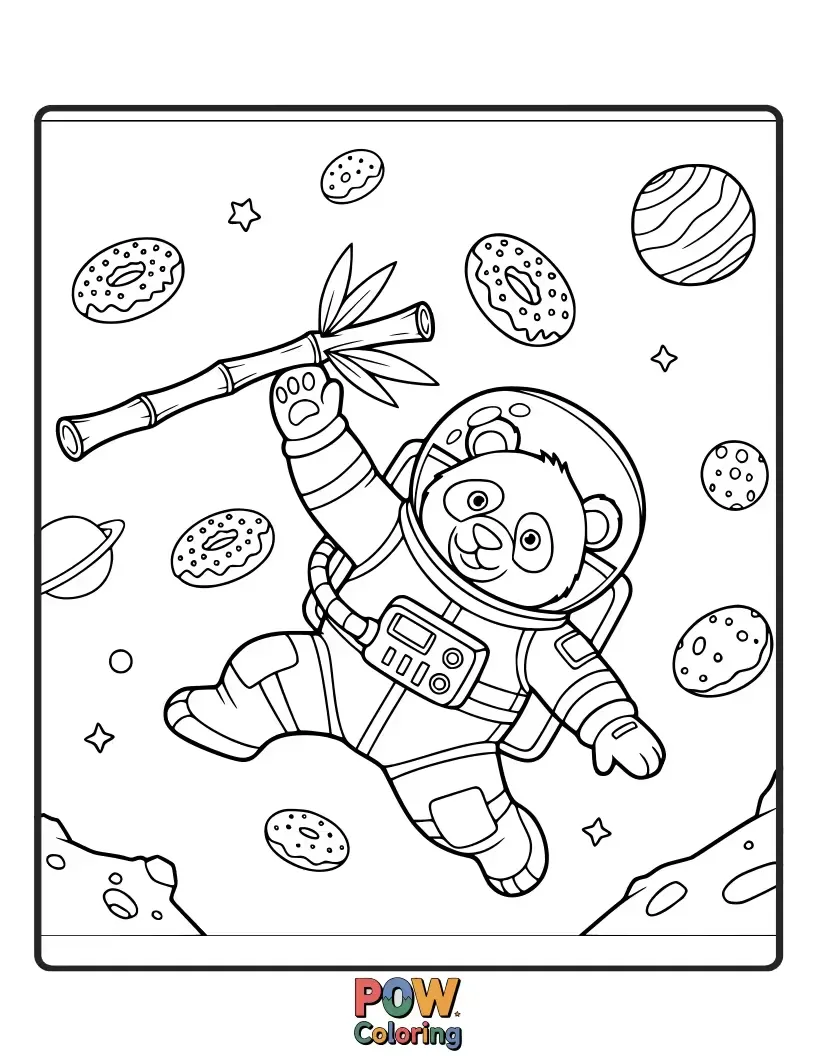 Free coloring page of A cuddly panda astronaut enjoys a floating bamboo shoot in the quiet expanse of space.