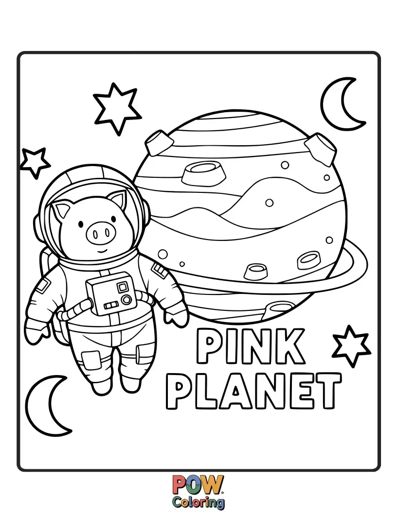 Free coloring page of A cheerful pig astronaut lands on a bright pink planet, ready for adventure.