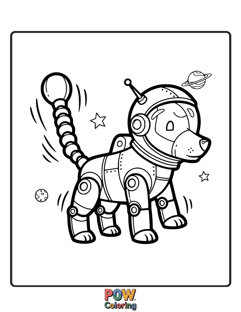 Free coloring page of A happy robot dog astronaut wags its tail, chasing its metallic tail in orbit.