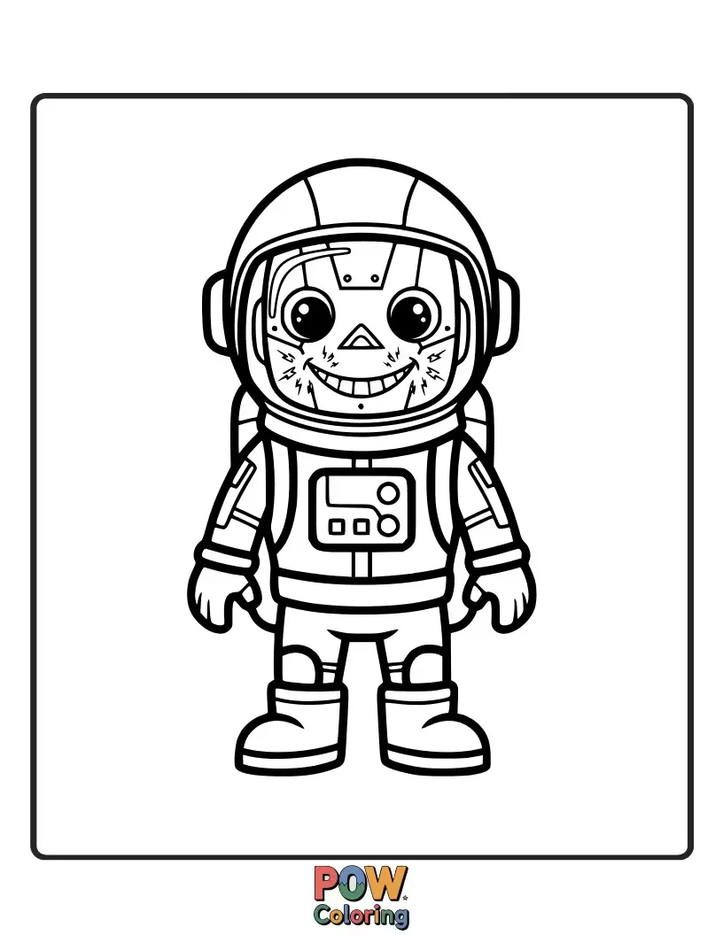 Free coloring page of A friendly robot astronaut with blinking lights offers a helpful smile among the stars.