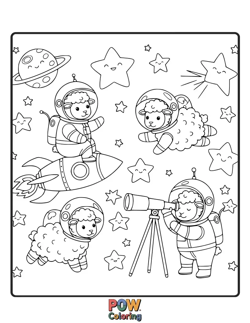 Free coloring page of A fluffy sheep astronaut herds twinkling stars like a celestial flock across the night sky.