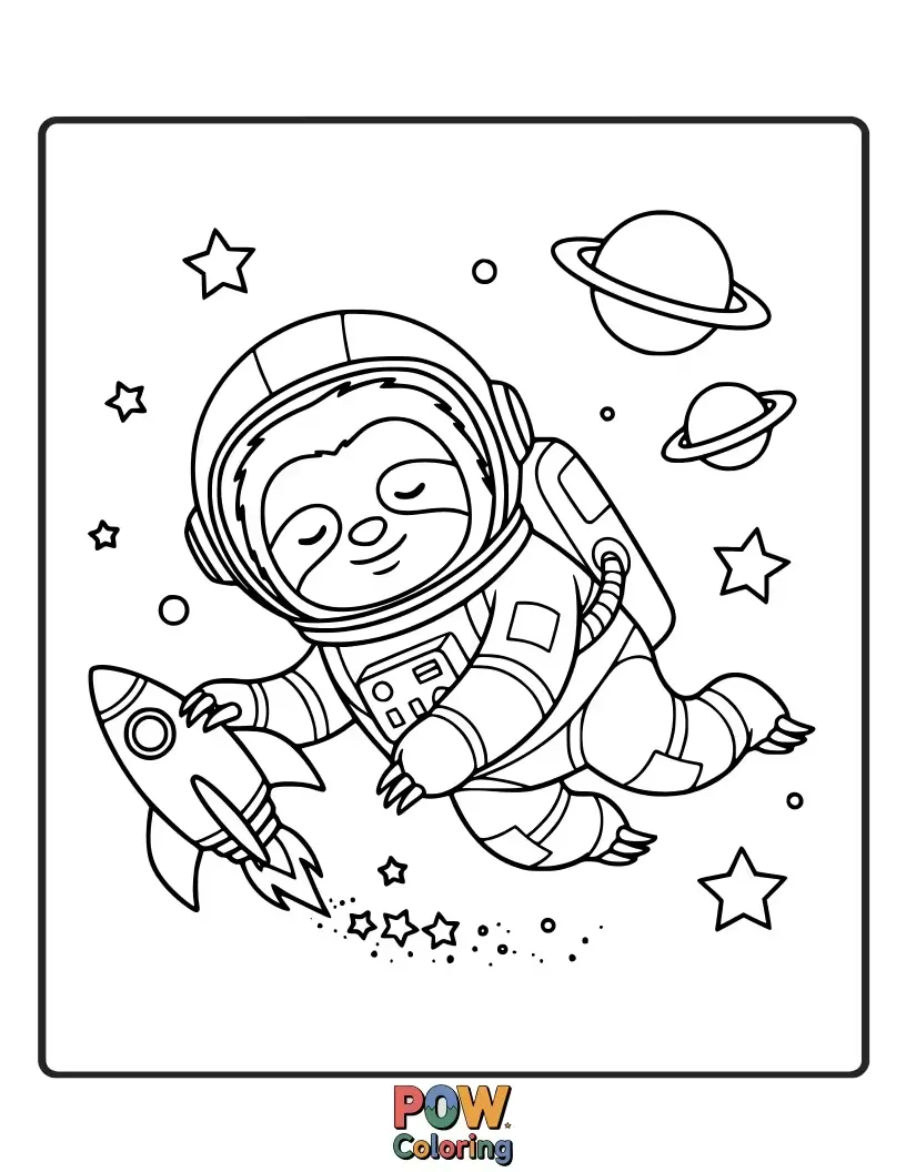 Free coloring page of A leisurely sloth astronaut drifts through space, enjoying the slow, serene journey.