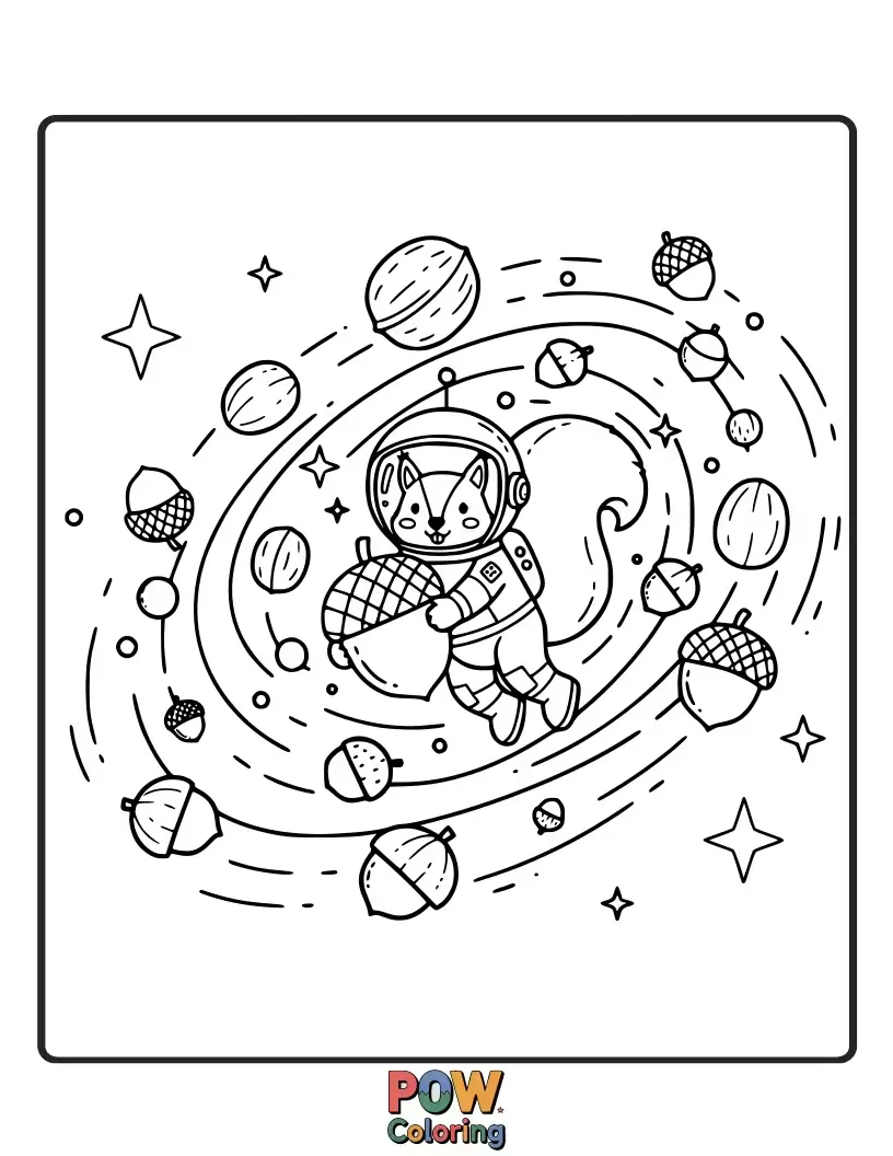 Free coloring page of A busy squirrel astronaut collects sparkling acorns amidst a colorful, swirling nebula.